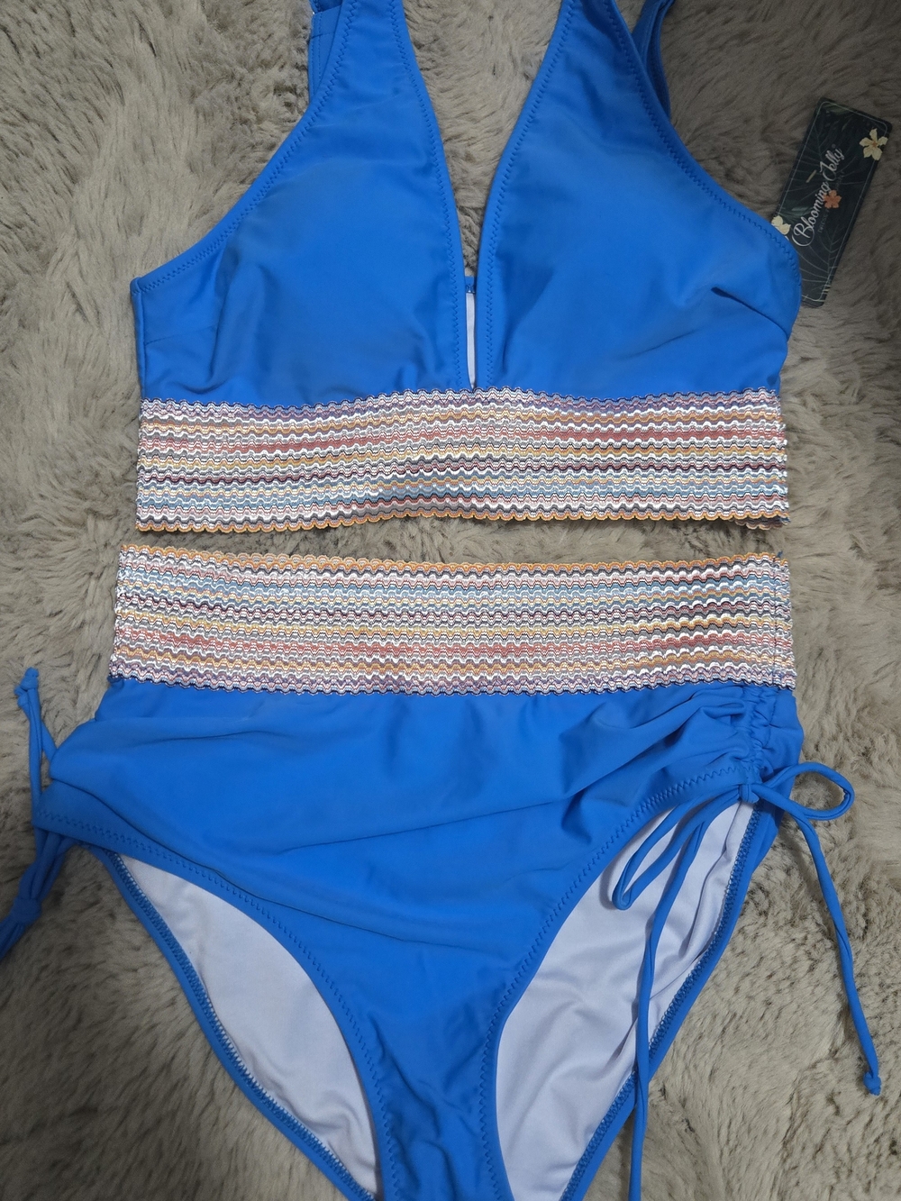 NEW: Bright Blue Womans Two-Piece Swim Set with Multicolor Smocked Waistband